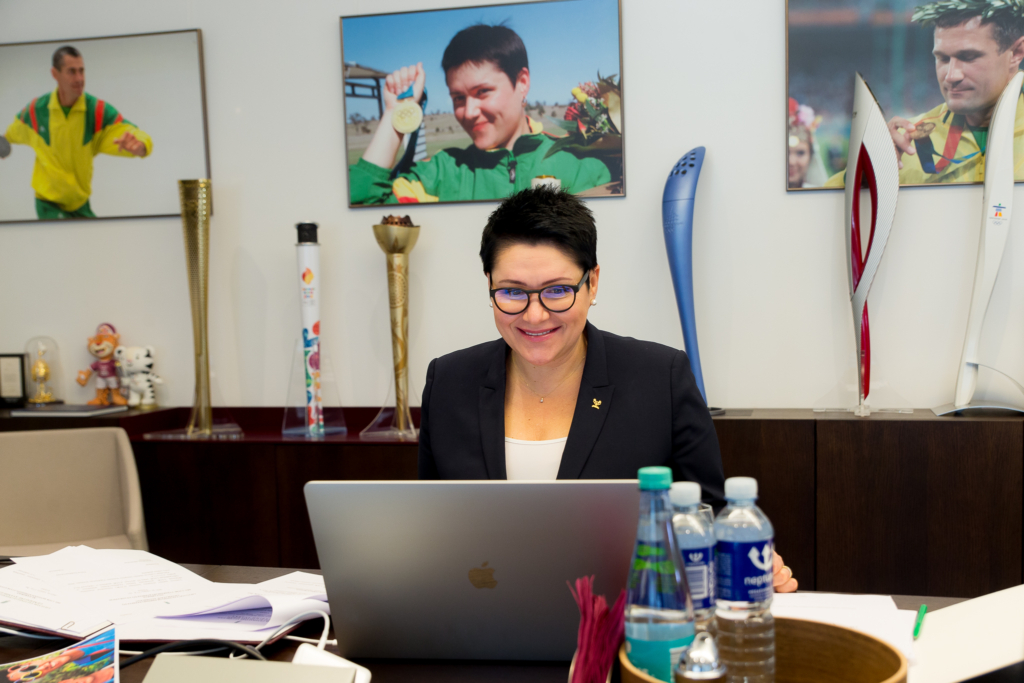 Daina Gudzinevičiūtė at the virtual LNOC General Assembly session. (Photo by Elvis Žaldaris).